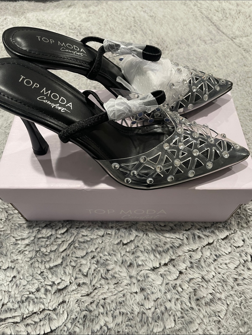 TOP Moda Black Pointed-Toe Slingback Heels with Crystal Cutouts
